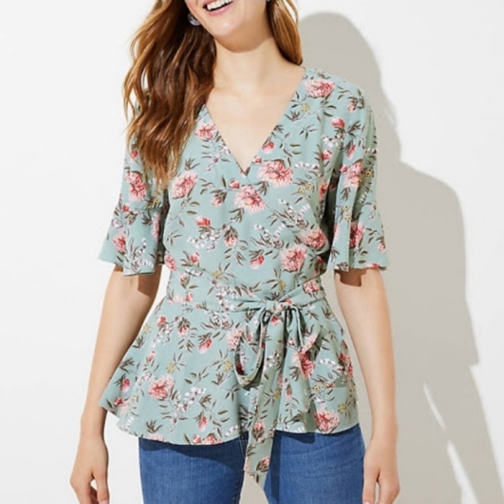 LOFT XS floral green wrap blouse top rayon
